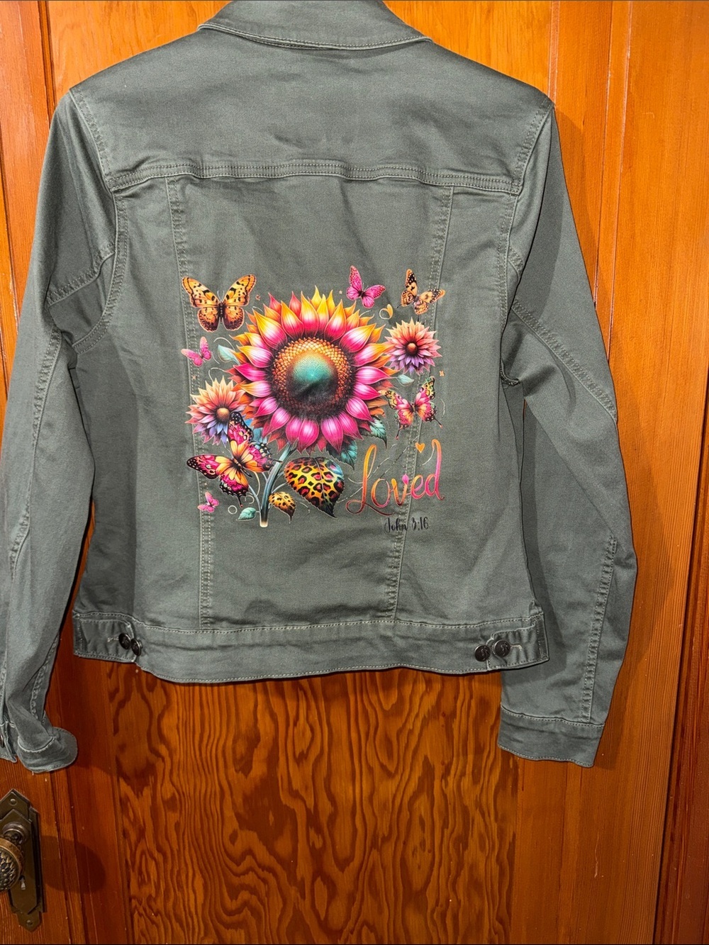 Royalty For Me Olive Green Jean Jacket with Colorful Sunflower Back Art